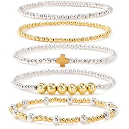5Pcs Stack Gold Plated Ball Beaded Bracelets Set for Women, Boho Handmade Colorful Glass Pearl Stretch Accessories Jewelry, Summer Beach Daily Wear Holiday Friendship Gift - color: Silver