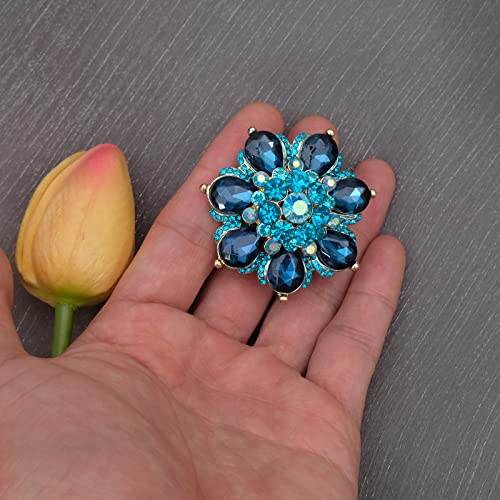 Flower Shape Crystal Cocktail Stretch Ring Party Prom Floral Statement Elastic Ring for Women - color: 2RI255-Aquamarine-gold tone