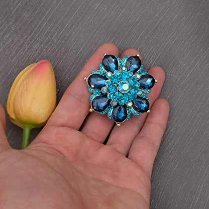 Flower Shape Crystal Cocktail Stretch Ring Party Prom Floral Statement Elastic Ring for Women - color: 2RI255-Aquamarine-gold tone
