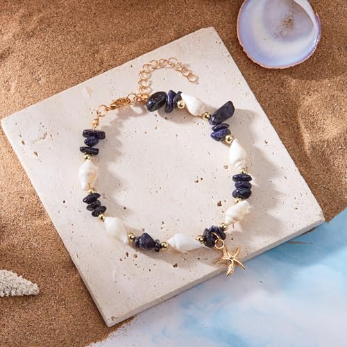 Waterproof Starfish Shell Bead Anklets Bracelets for Women Bohemian Hawaiian Beach Crushed Stone Bead Anklet Summer Mermaid Outfit Costume Jewelry Accessories - color: Blue