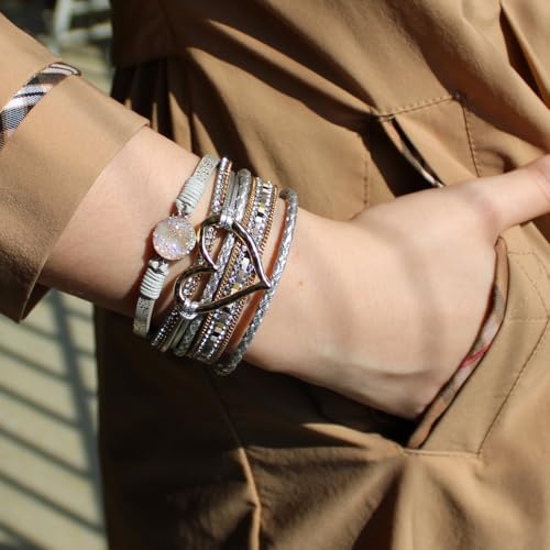 Womens Love Heart Leather Wrap Bracelet Multi-layer Stacked Bangle | Magnetic Clasp Soft PU Leather Resin Stone Rhinestone Boho Style Birthday Valentine Christmas Bohemian Jewelry Gift - color: White-gold