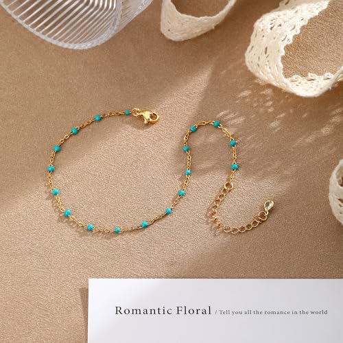 Ankle Bracelets for Women 14K Gold/Silver Plated Cross Heart Bead Anklet Waterproof Adjustable Chain Non Tarnish Cute Boho Trendy Dainty Summer Beach Foot Jewelry Gift for Her - style: Blue Beads-GD