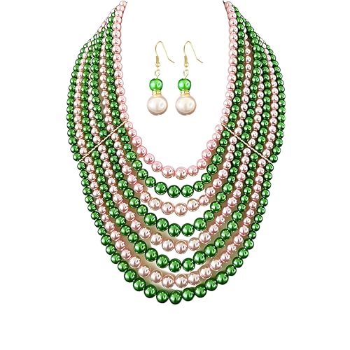 Dreuyet Multi-Layer Pink Green Pearl Necklace Earrings Set Faux Pearl Chunky Beaded Choker Statement Earring AKA Sorority Gifts for Women Costume Jewelry for Party Wedding Prom - color: Pink and Green 8 Layered