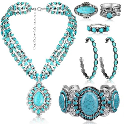 Ecally Bohemian Western Jewelry Turquoise Set Women Country Pendant Long Choker Layered Bracelets Earrings Ring for Women - color: Turquoise, style: Rustic