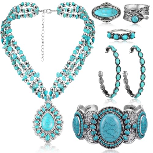 Ecally Bohemian Western Jewelry Turquoise Set Women Country Pendant Long Choker Layered Bracelets Earrings Ring for Women - color: Turquoise, style: Rustic