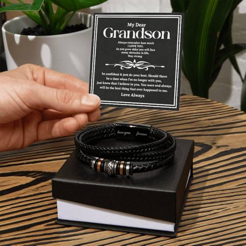 To Our Grandson Bracelet from Grandpa and Grandma - Love You Forever Engraved Leather Wristband with Inspirational Message Card - Sentimental Birthday Graduation Gift for Men, Teen - color: Version-12