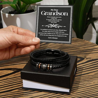 To Our Grandson Bracelet from Grandpa and Grandma - Love You Forever Engraved Leather Wristband with Inspirational Message Card - Sentimental Birthday Graduation Gift for Men, Teen - color: Version-12