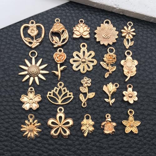 WOCRAFT 60pcs KC Gold Flowers Charms Bracelet Charms for Jewelry Making Sets DIY Necklace Bracelet Keychain Crafting Charms Kit Craft Supplies (SN878) - color: KC Gold, size: Flowers Charms