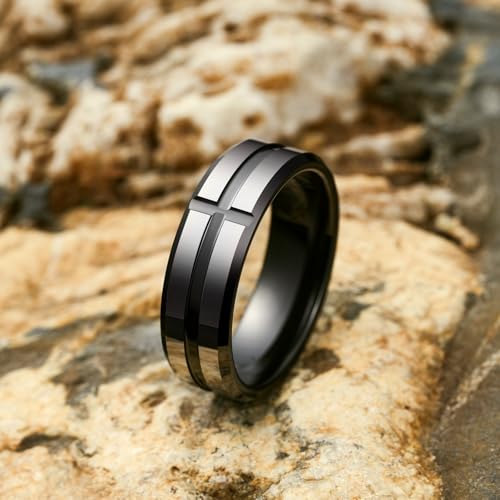 King Will Mens 8mm Cross Groove Tungsten Carbide Wedding Ring | Rose Gold, 8mm, Grooved, Comfort Fit, Cross design, Everyday Wear - color: Gunmetal&Black-Cross Groove 7mm