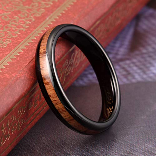 THREE KEYS JEWELRY Tungsten Wedding Band Koa wood Inlay Black Domed | 4mm, 6mm, 8mm, Everyday Wear, Black, Domed, Koa wood inlay - color: Black 4mm