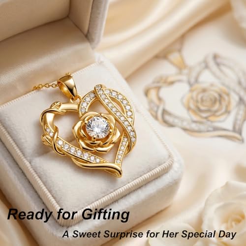 KQ&TTENG Heart Necklaces for Women 14K Gold Plating Hearts Necklace CZ Romantic Rose Pendant Mothers Day Anniversary Birthday Gift for Wife Mom Her - style: 12-Rose Ribbon Necklace