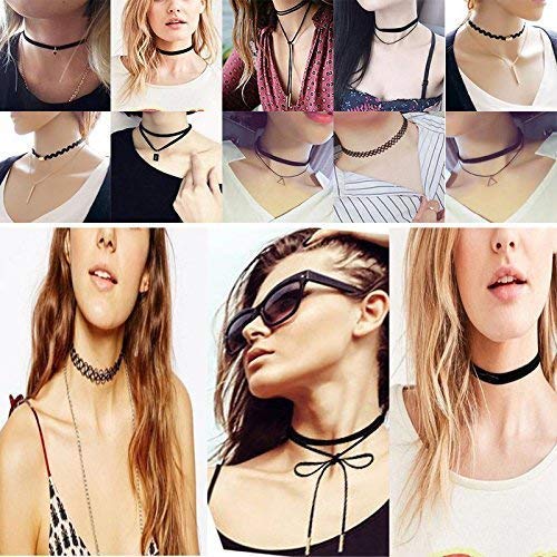 YOKER 22 Pcs Necklaces Black Velvet Choker Set for Women Classic Adjustable Gothic Lace Black Collar Tattoo Lace Chokers Charm Stretch for Party Cosplay Christmas Birthday