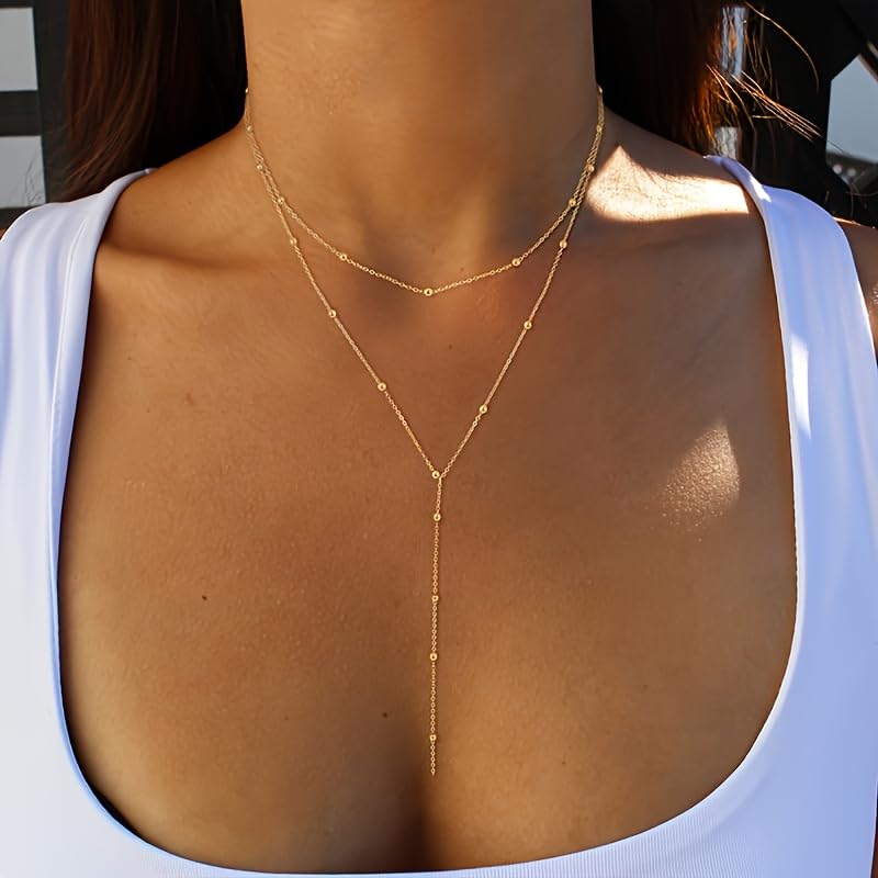 Layered Y Necklace for Women – Boho Tassel Pendant Necklace Gold & Silver Double Layer Chain Choker Necklace for Daily Wear Party Jewelry