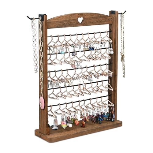 Ikee Design Wooden 120 pairs Earrings Display Stand, Jewelry Necklace Display Rack, Jewelry Organizer with 60 Mini Hangers and 2 Removable Hooks, Brown Color, 12.2W x 4.7D x 16.3H in