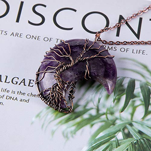 Bivei Life Tree Crescent Moon Necklaces for Women | Copper Wire Wrap Gemstones Pendant Crystals and Natural Stones Necklace Witch Jewellery Christmas Valentine's Day for Friends - color: Purple - Amethyst, style: Pack of 1