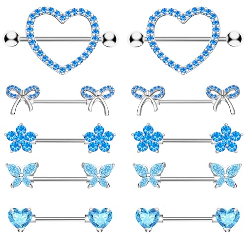 BSJ4U Nipple Piercing Jewelry 14G Stainless Steel Nipple Rings for Women Heart Butterfly Flower Bow Nipple Barbells - color: Blue CZ Nipple Piercing Jewelry