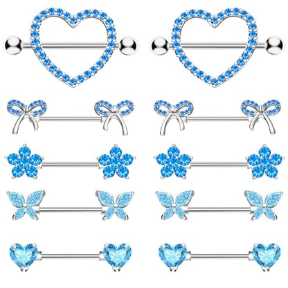 BSJ4U Nipple Piercing Jewelry 14G Stainless Steel Nipple Rings for Women Heart Butterfly Flower Bow Nipple Barbells - color: Blue CZ Nipple Piercing Jewelry