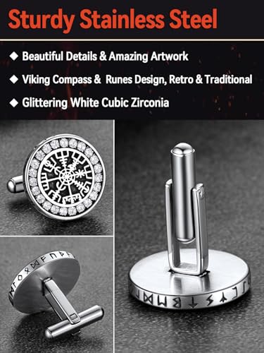 FaithHeart Mens Cufflinks, Norse Viking Tuxedo Shirt Cuff Links, Stainless Steel Cuff Links and Shirt Studs, Gift Box - style: 01. Compass CZ-Silver