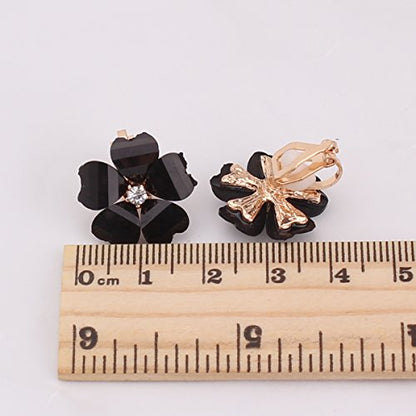 Silver Plated or Gold Plated Opal Flower Shape Clip on Earrings Non Piercing for Women - color: Black