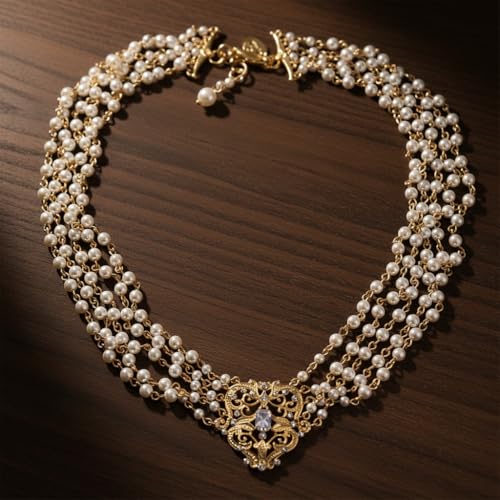 2026 Vintage 18K Gold Plated Multi-Layer Pearl Choker Necklace, Triple-Strand Faux Pearl Collar with Intricate Filigree Clasp, Retro Elegant Bridal Wedding Jewelry