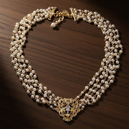 2026 Vintage 18K Gold Plated Multi-Layer Pearl Choker Necklace, Triple-Strand Faux Pearl Collar with Intricate Filigree Clasp, Retro Elegant Bridal Wedding Jewelry