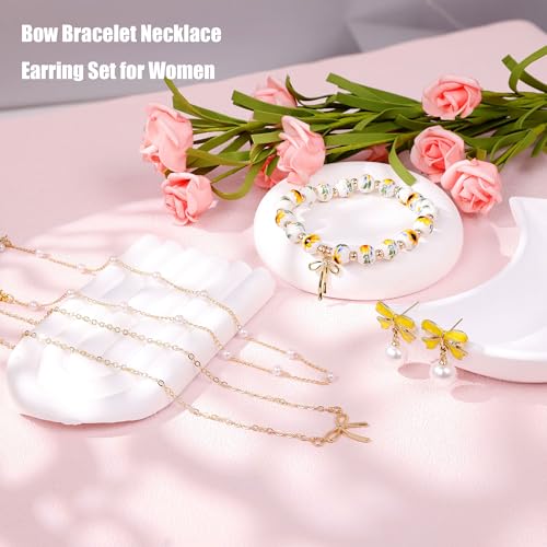 Bow Bracelet Necklace Earring Set for Women 14K Gold Plated Dainty Bow Necklace Flower Trendy Beaded Charm Bracelet Cute Pearl Drop Dangle Earrings Love Romantic Jewelry Gifts - color: yellow