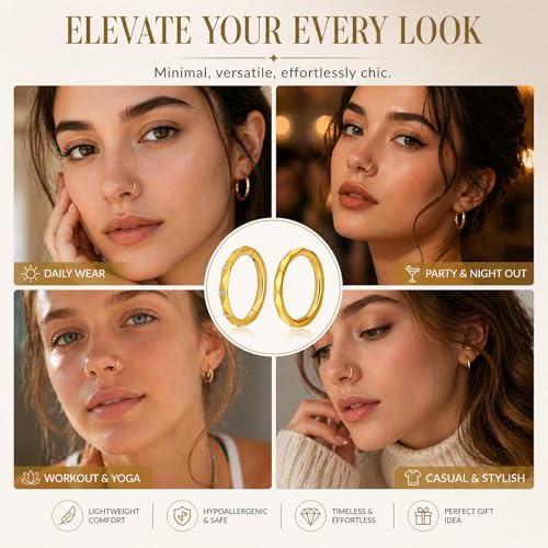 2PCS 16G Titanium Nose Rings for Women, Nostril and Septum | F136 Implant Grade Titanium, Hypoallergenic, 1.2 mm ×8 mm, Faceted and CZ Hinged Clicker Hoops for Nostril or Septum - color: Style B Gold-8mm