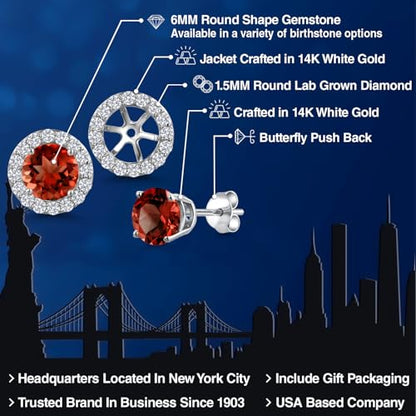 Gem Stone King 14K White Gold 6MM Round Gemstone Birthstone Stud Earrings with Removable Jackets and Lab Grown Diamond Accents | Gold Earrings For Women | Fine Jewelry Gift for Her Mom Women Wife - color: Garnet-January