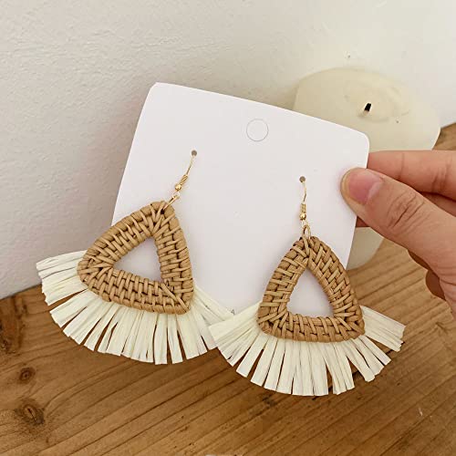Bohemia Tassel Earrings Statement Handmade Dangle Ethnic Fringe Earrings Bamboo Weaving Geometric Square Sector Gifts for Women - color: triangle raffia