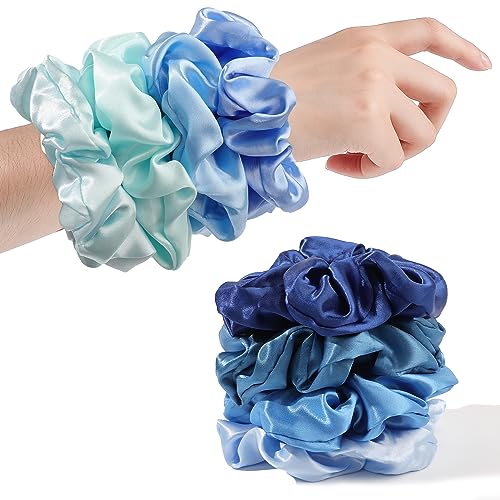 Satin Hair Scrunchies: Cute, Big Pony Tail Holders for Thick, Curly Hair - No Crease, No Damage Hair Ties for Girls and Women - color: Blue