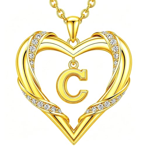 Midari 18K Gold Initial Letter Necklace for Women 18K Gold Initial Heart Capital Monogram Necklace for Mom Wife Alphabets from A-Z - color: C