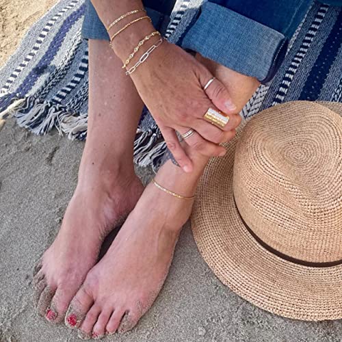 Pencros Dainty Layered Anklet,14K Gold Filled Cute Beads Satellite Chain Heart Boho Adjustable Anklets for Women - color: Anchor Chain Gold