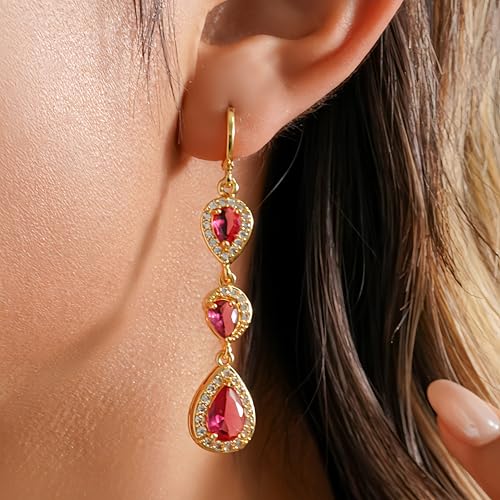 18K Gold Plated Flower Dangle Earrings for Women, Hypoallergenic Cubic Zirconia Earrings, Elegant CZ Drop Earrings, Statement Jewelry Gifts Party Fashion - style: OBS0354-Red