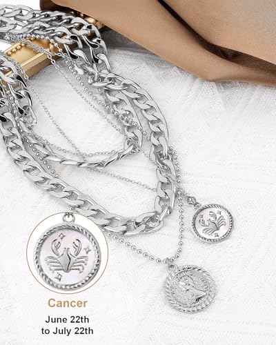 MJartoria Layered Necklaces for Women Trendy Retro Coin Pendant | Dainty Chunky Chain, Choker Necklaces, Jewelry Birthday Gifts - color: Silvery, style: Zodiac-Cancer-3PCS Layered