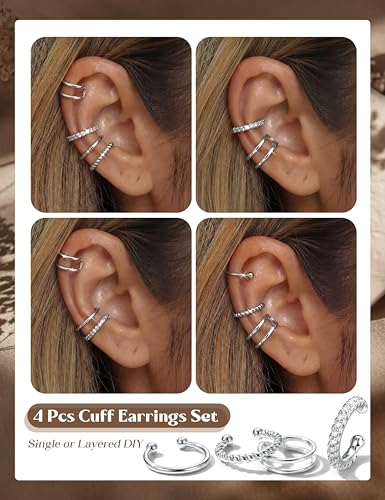 LOLIAS 925 Sterling Silver Ear Cuffs Non Piercing - 14K Gold Plated Ear Cuff Earrings for Women Adjustable Clip on Cartialge Earrings Non Pierced Fake Earring Stacks - color: Silver-Thin Double Hoop