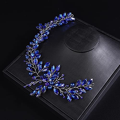 JWICOS Crystal Wedding Headband for Brides Pearl Wedding Hair Accessories Bridal Hair Piece Hair Vine for Women and Girls (Blue) - color: Blue