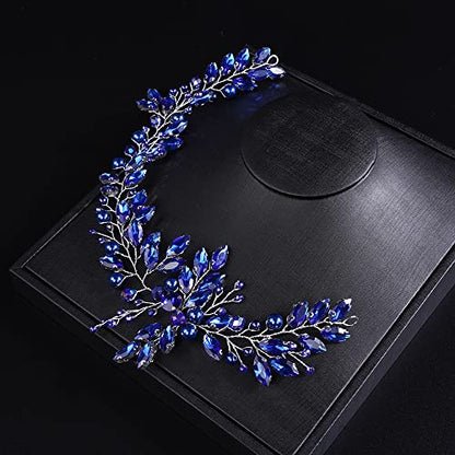 JWICOS Crystal Wedding Headband for Brides Pearl Wedding Hair Accessories Bridal Hair Piece Hair Vine for Women and Girls (Blue) - color: Blue