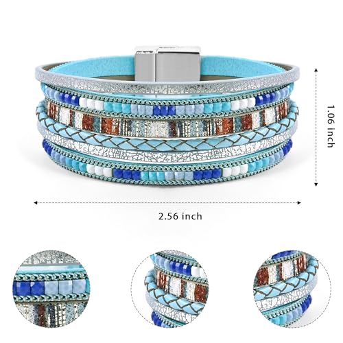 VIBILIA Boho Leather Wrap Bracelets for Women Multi-Layer Bracelets | With Strong Clasp Jewelry for Women - color: 03-BohoBraid-Blue
