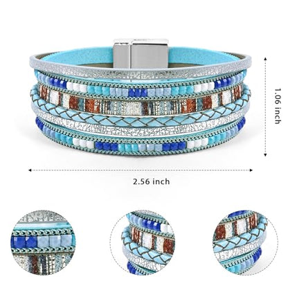 VIBILIA Boho Leather Wrap Bracelets for Women Multi-Layer Bracelets | With Strong Clasp Jewelry for Women - color: 03-BohoBraid-Blue