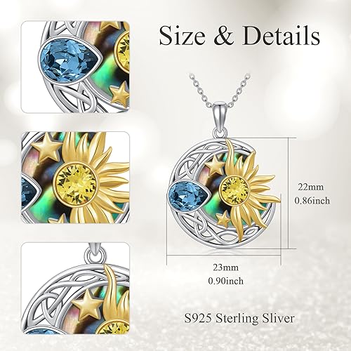 AOBOCO 925 Sterling Silver Moon Sun Star Necklace Celtic Jewelry for Women Girls - color: Silver&Gold&Abalone Shell