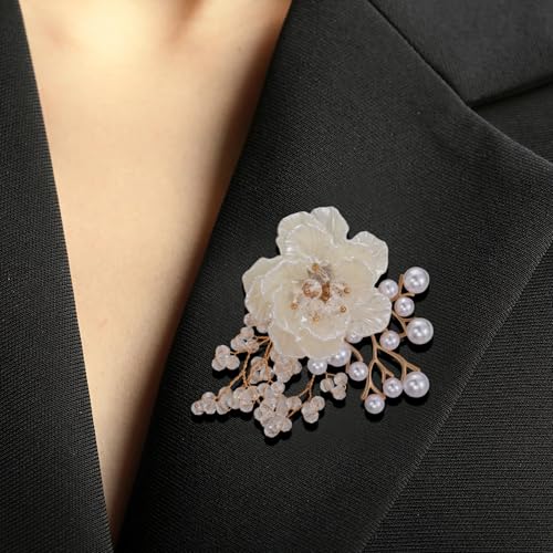 SELOVO Flower Crystal Brooch Bridal Simulated Pearl Brooch Pin Elegant Floral Broach for Prom - color: White