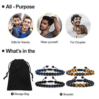 M MOOHAM Mens Bracelet - Beaded Natural Stone 8mm Tiger Eye Matte Agate Lava Rock Bracelets for Men Teen Boys Grandpa Dad Birthday Gifts Jewelry - style: 4 Pcs Tiger Eye&Matte Agate
