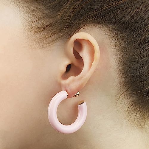 Gold Plated Multicolor Resin Chunky Thick Open Hoop Earrings in 57MM and 37.5MM Diameters - color: Pink - Pastel - Glossy Finish, size: 37.5MM (1.48") Diameter