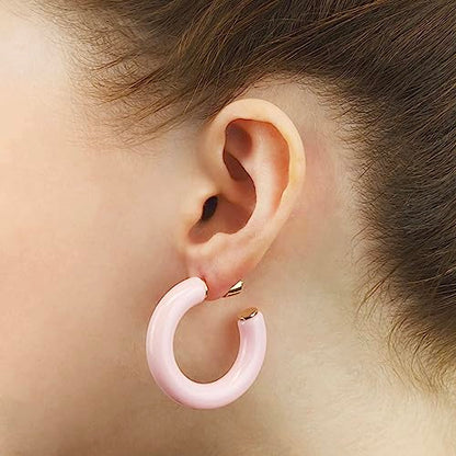 Gold Plated Multicolor Resin Chunky Thick Open Hoop Earrings in 57MM and 37.5MM Diameters - color: Pink - Pastel - Glossy Finish, size: 37.5MM (1.48") Diameter