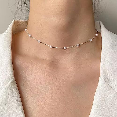 Gold Pearl Necklace For Women - 14K Gold Plated Layered Herringbone Chain Pearl Necklace, Trendy Simple Gold Jewelry Gift - color: Pearl Choker-Silver