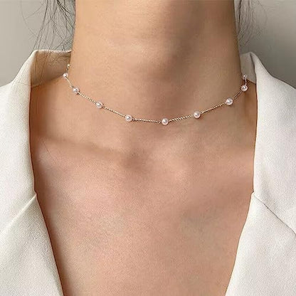 Gold Pearl Necklace For Women - 14K Gold Plated Layered Herringbone Chain Pearl Necklace, Trendy Simple Gold Jewelry Gift - color: Pearl Choker-Silver