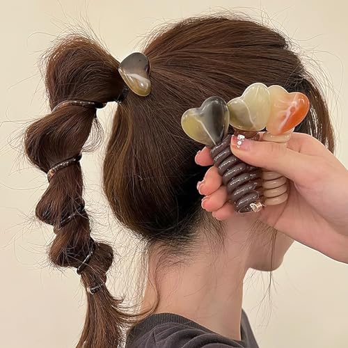 4 Pcs Heart Elastic Colorful Spiral Telephone Line Wire Hair Ties Band Ponytails Scrunchies for Women Elastic Love Head Band Wedding Birthday Party Daily Hair Accessories