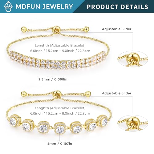MDFUN 2 Pcs Tennis Bracelets for Women,Bracelet Adjustable Slider 6-9 Inch | 18K White/Gold Plated Cubic Zirconia Tennis Bracelet