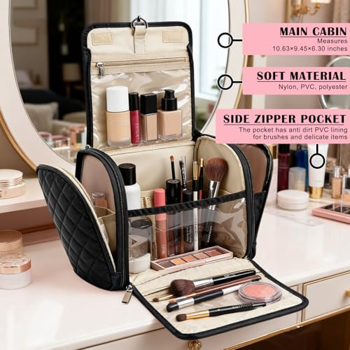 banapoy Hanging Toiletry Bag for Women, Roll up Cosmetics Makeup Bag, Travel Makeup Cosmetic Organizer with Hanging Hook, for Jewelry Toiletries, 10.63x9.45x6.30in (Black) - color: Black