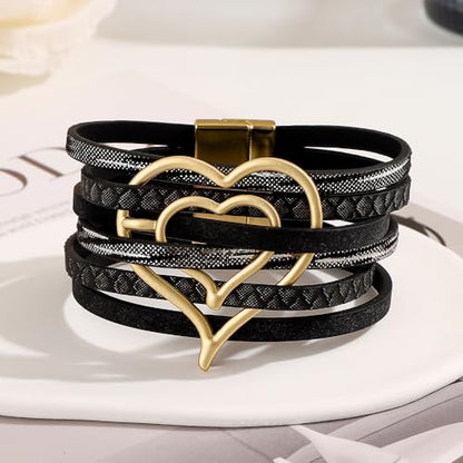 Edoneery Leather Wrap Bracelets for Women, Boho Layered Cuff Bangle | Multi-layer Leather Cuff, Daily wear, Stackable Bangle, Easy on-off, Western Jewelry Gifts for Women - color: Black-5